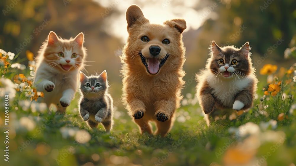 Cute dog, cats run, play together in field of flowers. Happy animals enjoy nature outdoors. Friendship, companionship between pets. Adorable puppy, kitten. Golden retriever dog, kittens running. Cute dog, cats run, play together in field of flowers. Happy animals enjoy nature outdoors. Friendship, companionship between pets. Adorable puppy, kitten. Golden retriever dog, kittens running.