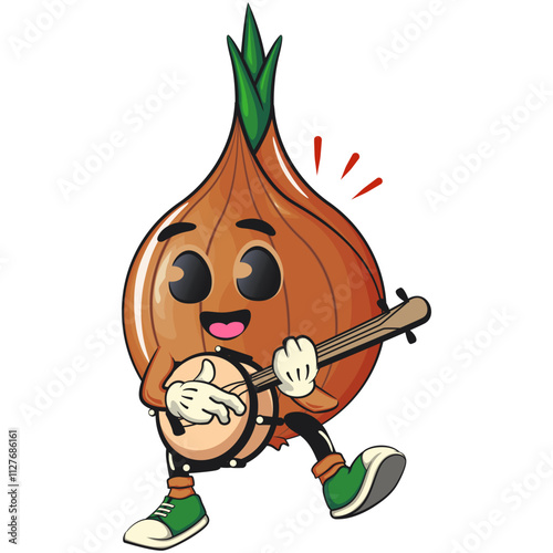 cute onion character playing the banjo musical instrument, cartoon vector illustration, work of hand drawn