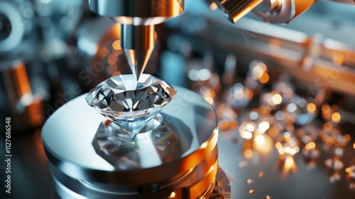 Precision machinery cutting a synthetic diamond, highlighting technology and craftsmanship.