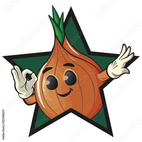 cute onion character out from of a star by giving an OK sign, cartoon vector illustration, work of hand drawn