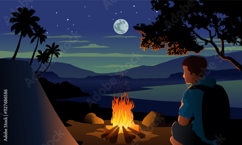 Man solo camping at night
