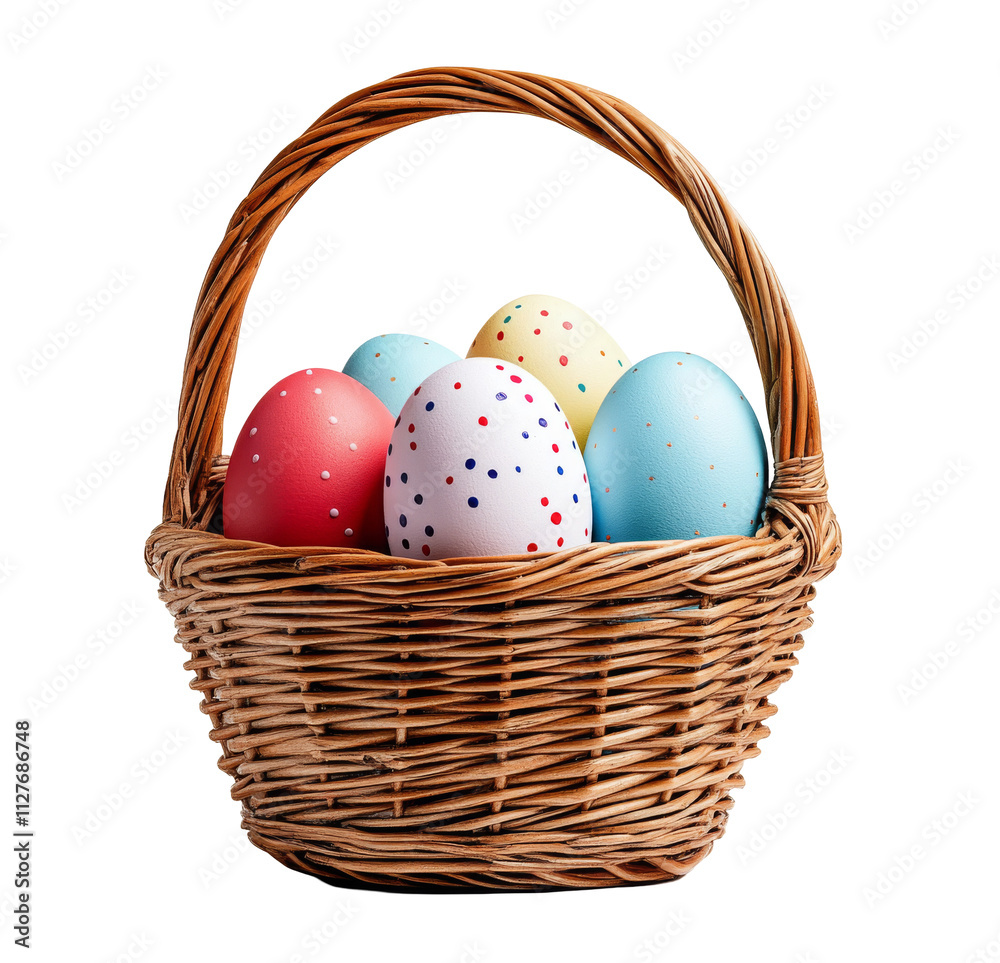 A basket of colorful Easter eggs isolated on transparent background, png