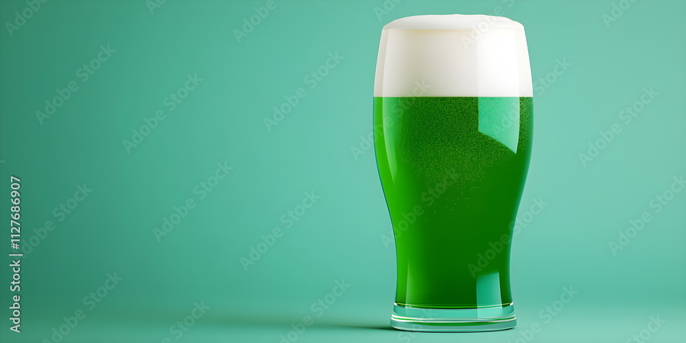 Advertising banner, foamy green beer with big mug isolated on light turquoise background. St. Patrick's Day, Irish culture, holiday, celebration. Advertising banner, foamy green beer with big mug isolated on light turquoise background. St. Patrick's Day, Irish culture, holiday, celebration.