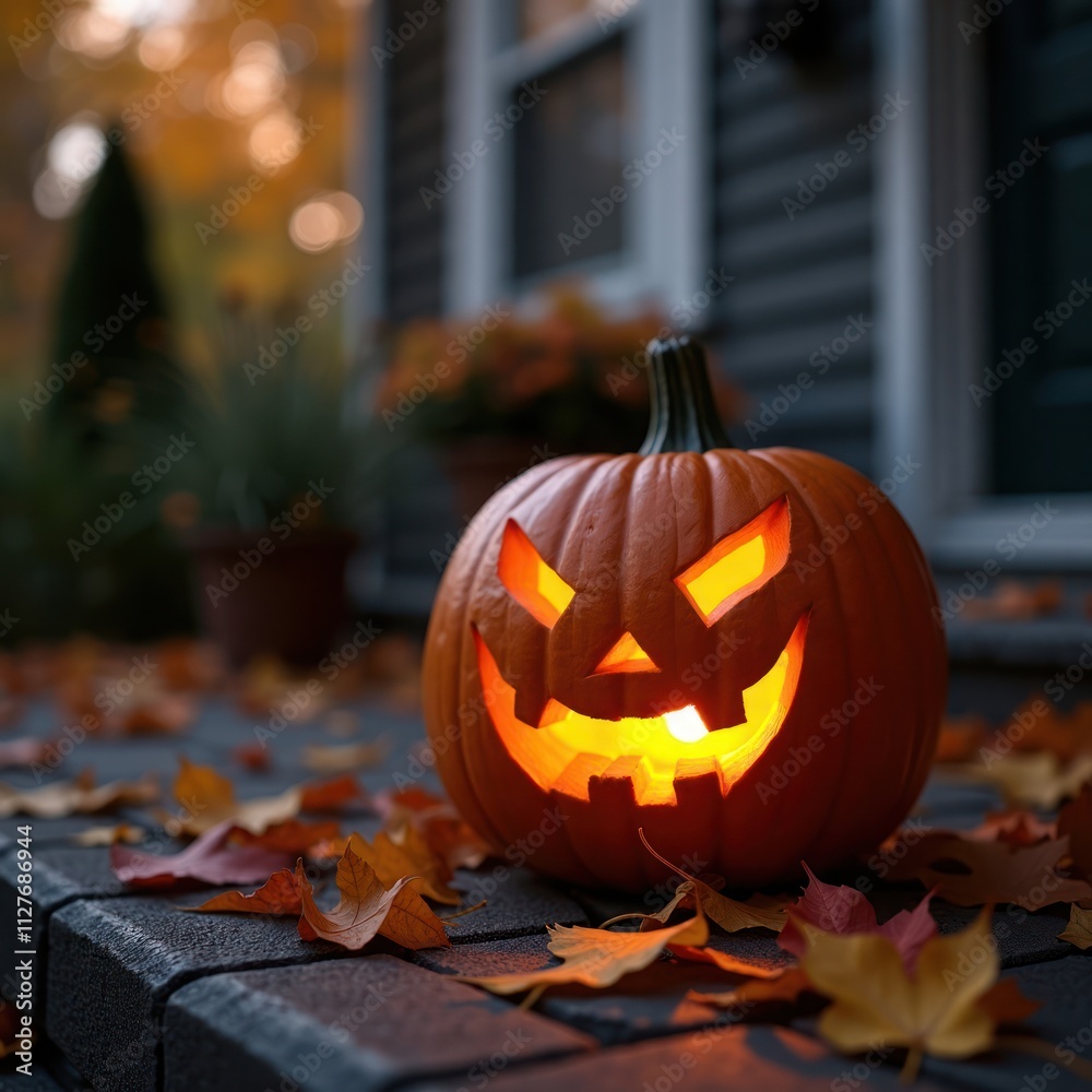 Lit carved pumpkin sits on porch steps covered in fallen autumn leaves. Warm glow emanates from inside pumpkin. Autumnal ambiance. Halloween decoration. Cozy fall evening. Home decor. Festive fall.
