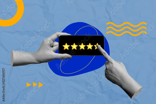 Human hand give a five star rating on mobile phone screen with a colored background photo