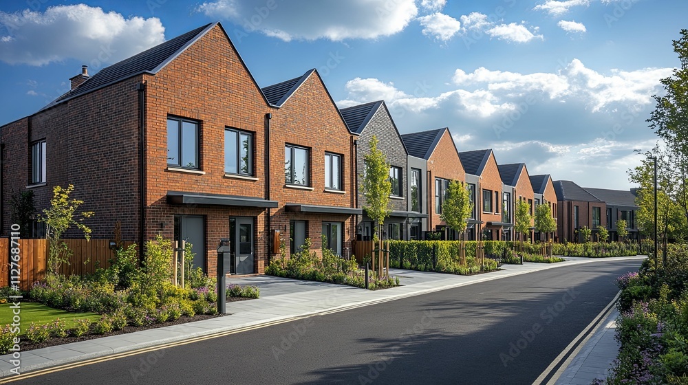 Modern Brick Townhouses Line a Residential Street Modern Brick Townhouses Line a Residential Street