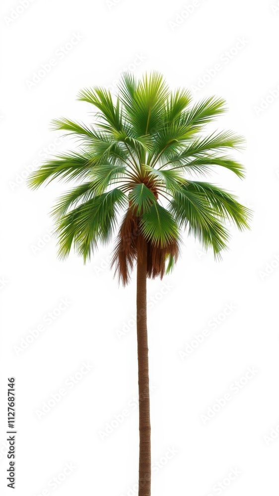 Fototapeta premium Tall and slender palm tree with lush green fronds standing out against a plain white background, tropical, foliage