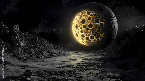 An ancient, sentient construct embedded within a moon, dormant for Eon. Illustration photo