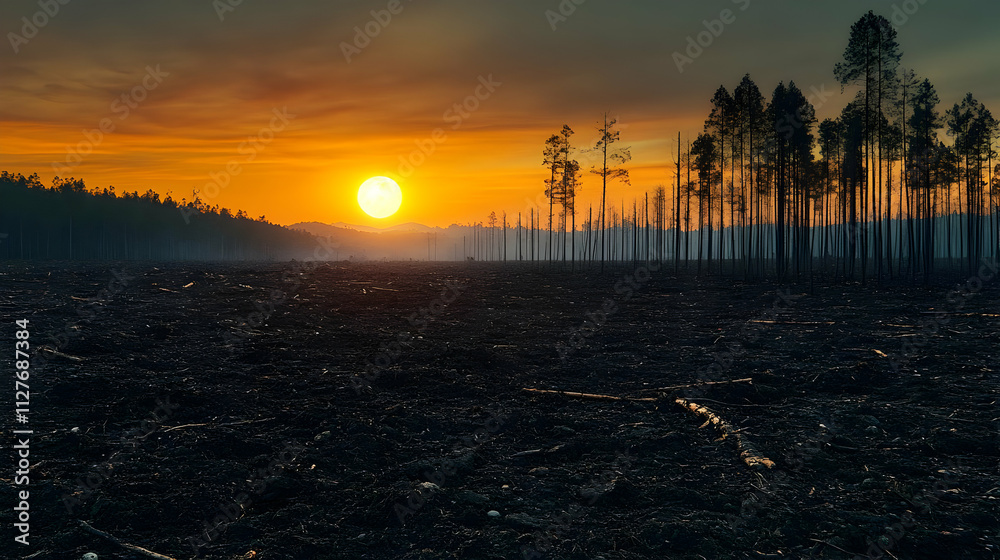 Fototapeta premium Sunset Over Deforested Land: A Haunting Landscape at Dusk
