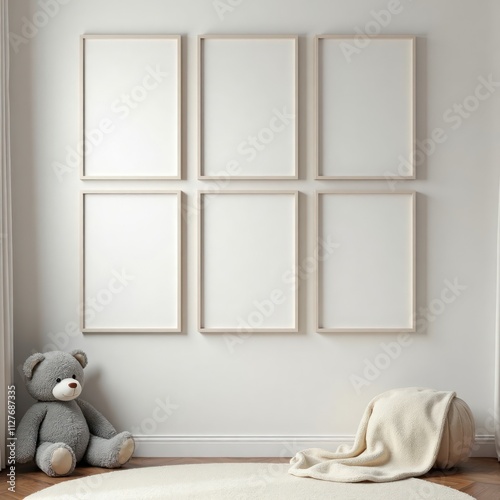 Nursery room interior mockup shows six empty frames on wall. Gray teddy bear sits on cream rug. Cream blanket wrapped on round pouf. White walls. Calm, cozy atmosphere. Perfect for design