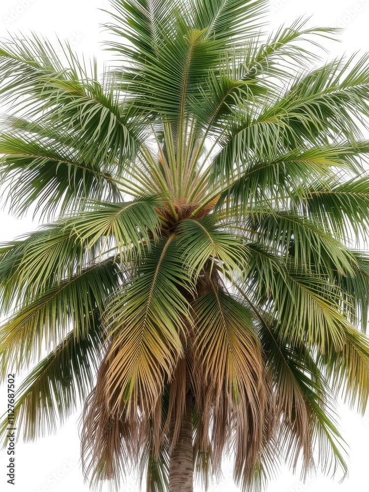 Fototapeta premium Tall palm tree with lush green leaves isolated on white background, resort