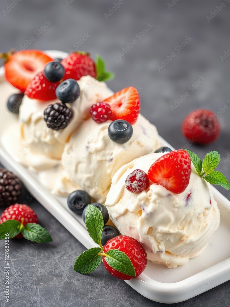 Vanilla ice cream scoops topped with fresh mixed berries, blackberries, dessert Vanilla ice cream scoops topped with fresh mixed berries, blackberries, dessert