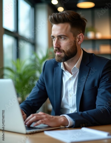 Man works on laptop in modern office. Focused businessman sits at desk with laptop. Natural light illuminates modern setting. Green plants create eco atmosphere. Pro attire suggests corporate