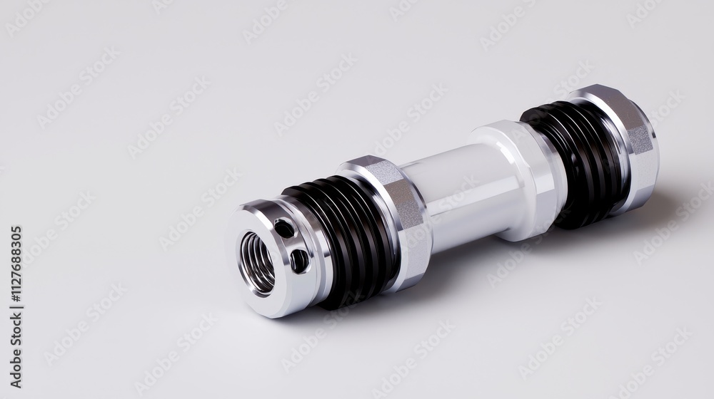 Chrome and White Hydraulic Fitting on a Clean Surface Background