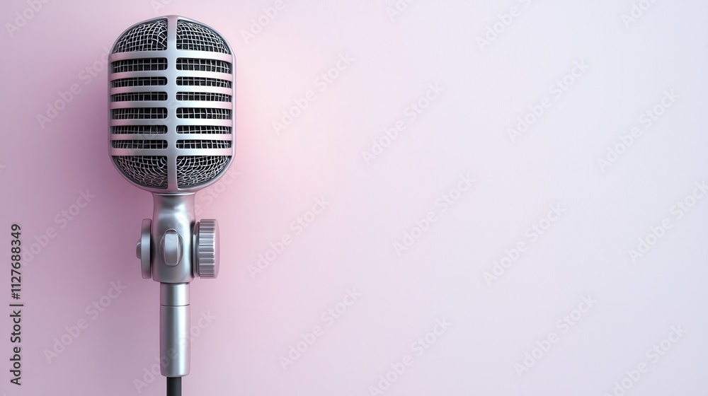 Fototapeta premium Vintage Silver Microphone on Soft Pink Background for Creative Projects