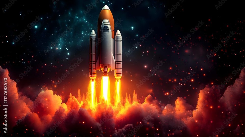 Rocket Launches into Space, Fiery Ascent, Cosmic Journey Rocket Launches into Space, Fiery Ascent, Cosmic Journey