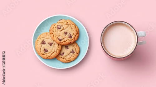 Delicious Chocolate Chip Cookies with a Cup of Milk on Pink Background