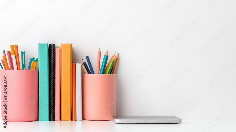 Colorful Office Desk Setup with Stationery and Notebooks on White Colorful Office Desk Setup with Stationery and Notebooks on White