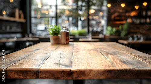 Rustic Wooden Table in Cozy Cafe Setting