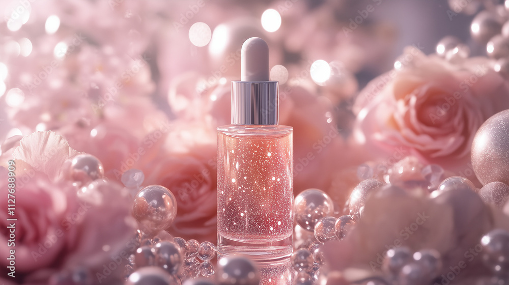 Beauty products with pink roses and pearls exude elegance Beauty products with pink roses and pearls exude elegance
