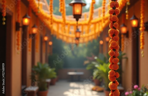 Traditional Indian home decorated with marigold garlands, lanterns. Pathway adorned with vibrant orange marigold flowers. Warm ambiance created by lanterns. Indian decor style evident. Suitable for photo