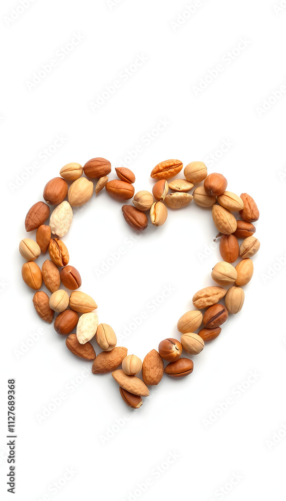 Mixed nuts forming a heart shape isolated on white background. Top view or flat lay isolated with white highlights, png Mixed nuts forming a heart shape isolated on white background. Top view or flat lay isolated with white highlights, png