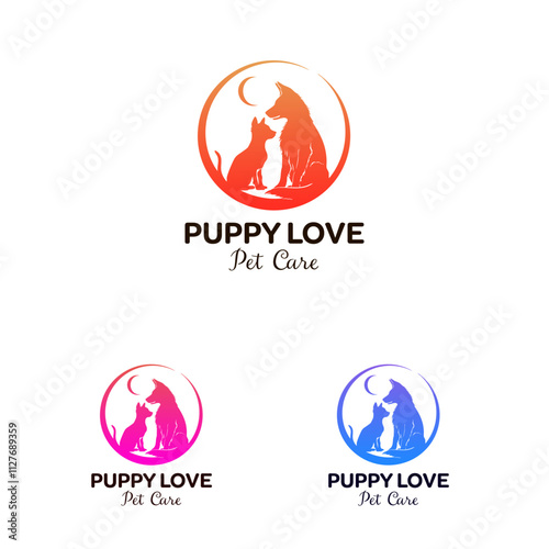 silhouettes of dog cat moon. Puppy Love Pet Care logo design. suitable for pet care businesses, veterinary clinics, and animal lovers. EPS Layered Vector File photo