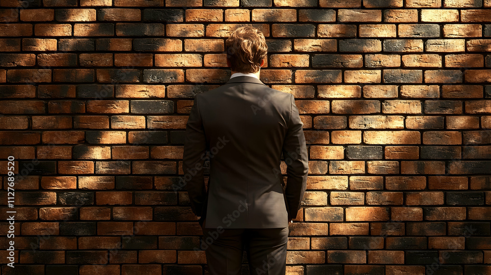 Man in Suit Facing Brick Wall, Sunlight Shadows Man in Suit Facing Brick Wall, Sunlight Shadows