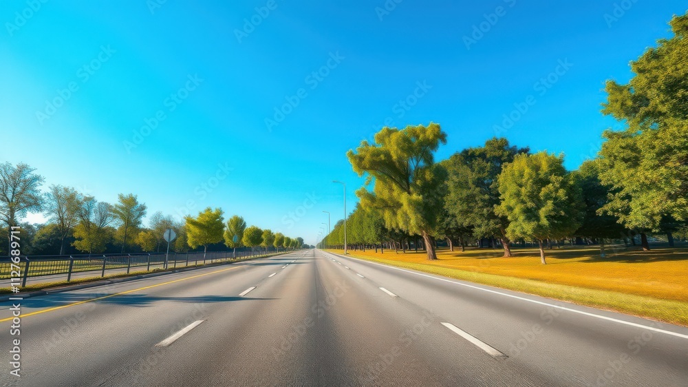 Empty highway asphalt road with lush green trees on the sides, under a clear blue sky in a beautiful landscape park, lush