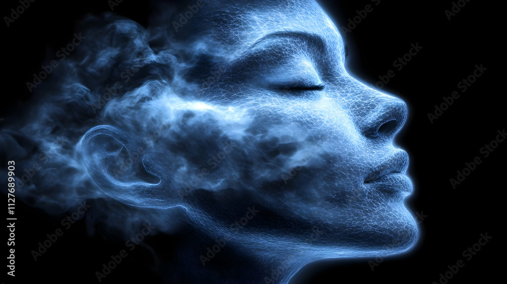 Mind's Eye: Abstract Face, Blue Smoke, Serenity, Inner Peace, Digital Art, Tranquility, Soul