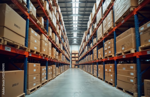 Warehouse interior. Cardboard boxes stacked high on metal shelves. Wide aisles. Industrial setting. Organized storage. Products ready for shipment. Efficient logistics. Modern warehouse design.