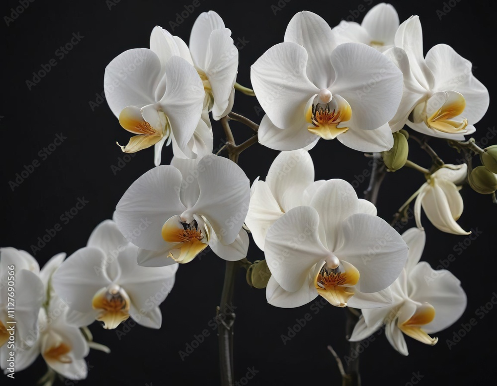 Fototapeta premium White orchid in full bloom set against dark backdrop, elegance, decorative, serene, vivid