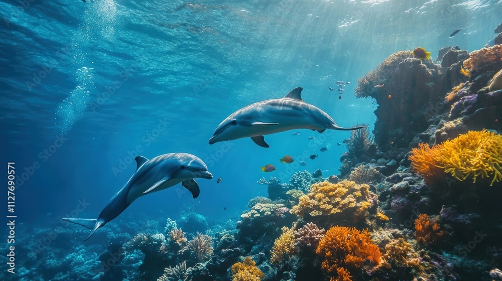 Naklejka premium Two dolphins swim above vibrant coral reef.