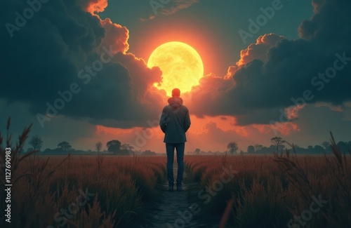 Man stands alone in field at dawn dusk. Large glowing sun moon behind dark clouds. Peaceful scenery. Nature scene evokes sense of pondering, personal reflection. Man focuses on horizon. Golden hour photo