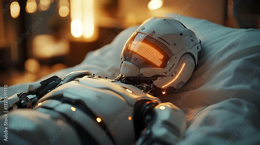 Fototapeta premium Robot Dreams: Futuristic Android Asleep in Bed, Peaceful Night