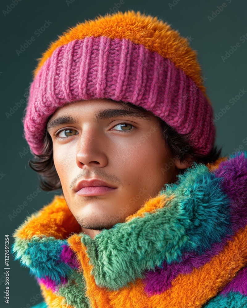 A man wearing a colorful hat and jacket with a fur collar A man wearing a colorful hat and jacket with a fur collar