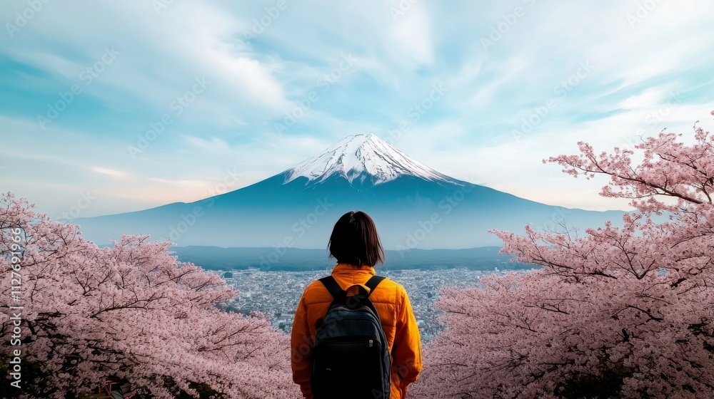 Fototapeta premium Scenic View of Snow-Capped Mount Fuji with Cherry Blossoms