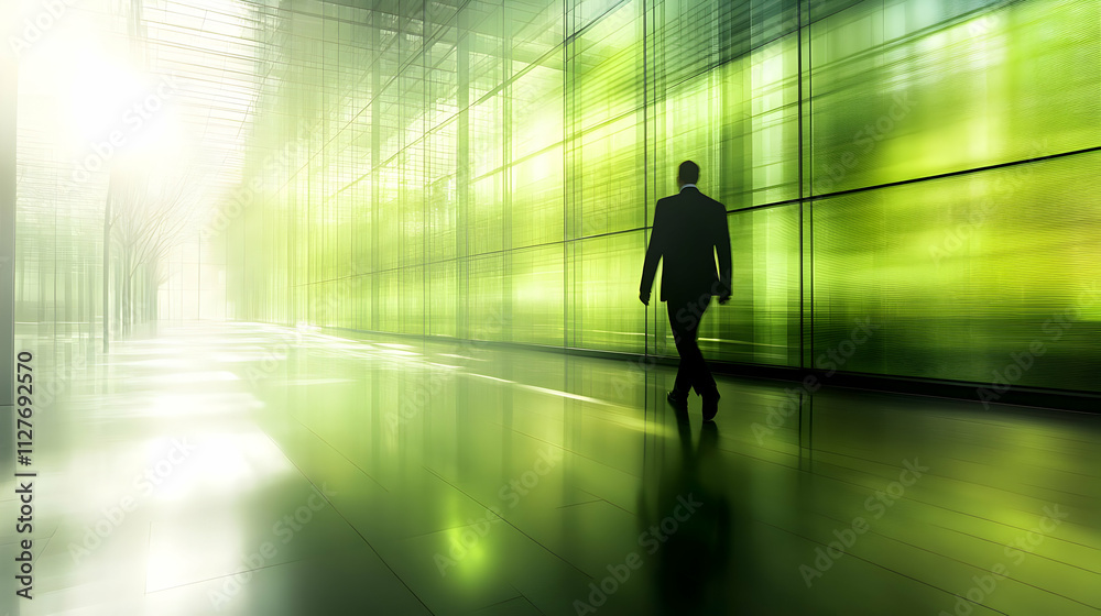 Green Building: Person Walks Through Sustainable Architecture Green Building: Person Walks Through Sustainable Architecture