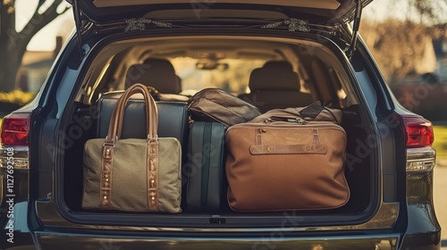 A close-up shot of the open trunk of an SUV loaded with travel bags, emphasizing the details and textures of the luggage against the sleek interior, in the soft morning light of a quiet suburban neigh photo
