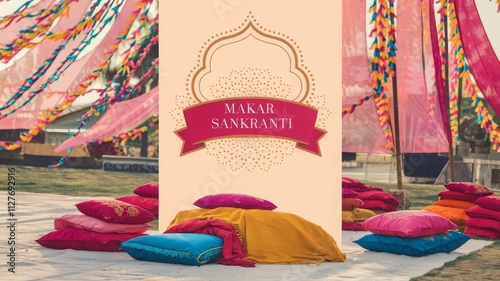 Vibrant Makar Sankranti Celebration Set-Up with Colorful Cushions. Experience the festive spirit of Makar Sankranti with colorful decorations, vibrant cushions, and a joyful atmosphere. Perf... photo