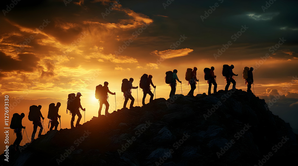 Hikers Ascending Mountain Peak at Sunrise Teamwork