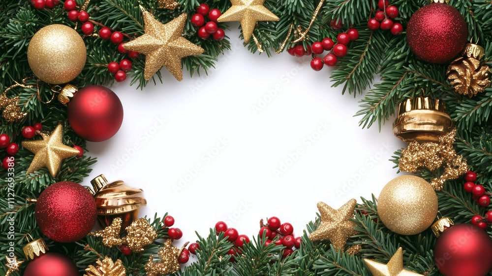 Festive Christmas Wreath with Ornaments. A beautiful Christmas wreath made of green pine branches, red and gold ornaments, and berries, framing a blank white center for text or design. Festive Christmas Wreath with Ornaments. A beautiful Christmas wreath made of green pine branches, red and gold ornaments, and berries, framing a blank white center for text or design.