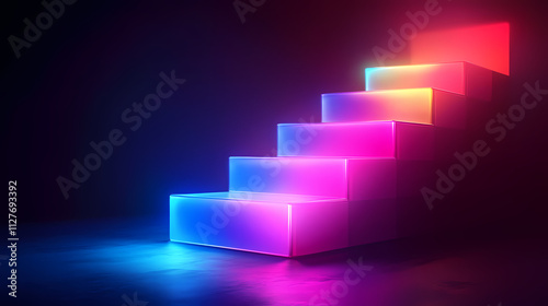 Abstract background with cubes ang glowing stairs. eon colorful neon lights in a dark. Eon. Illustration