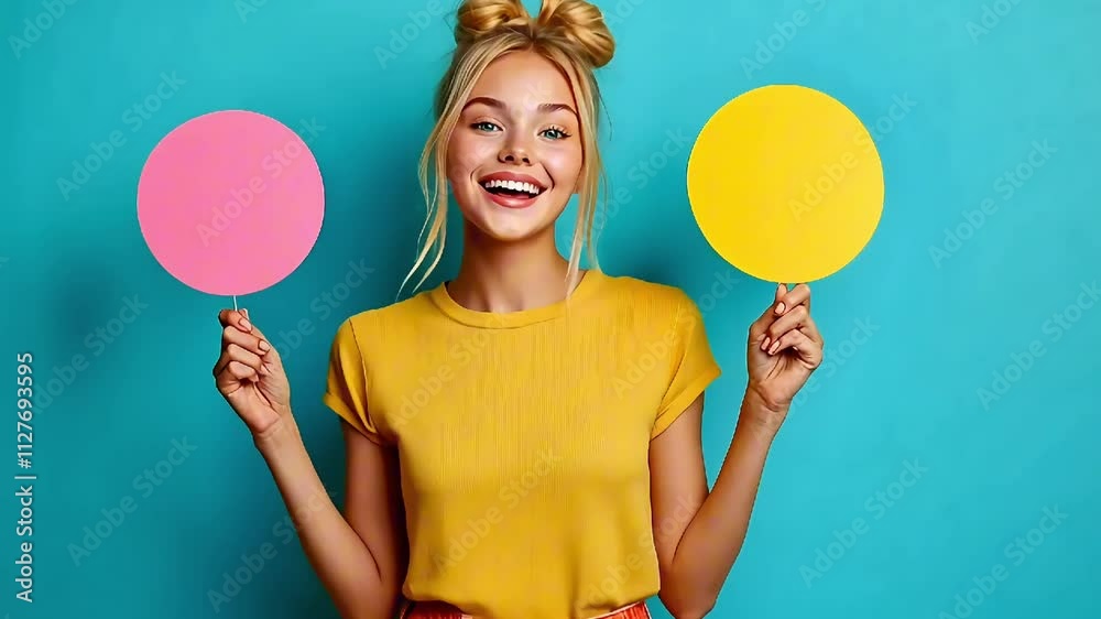 Smiling blonde woman holding colorful balloons against a vibrant blue background
Smiling blonde woman holding colorful balloons against a vibrant blue background