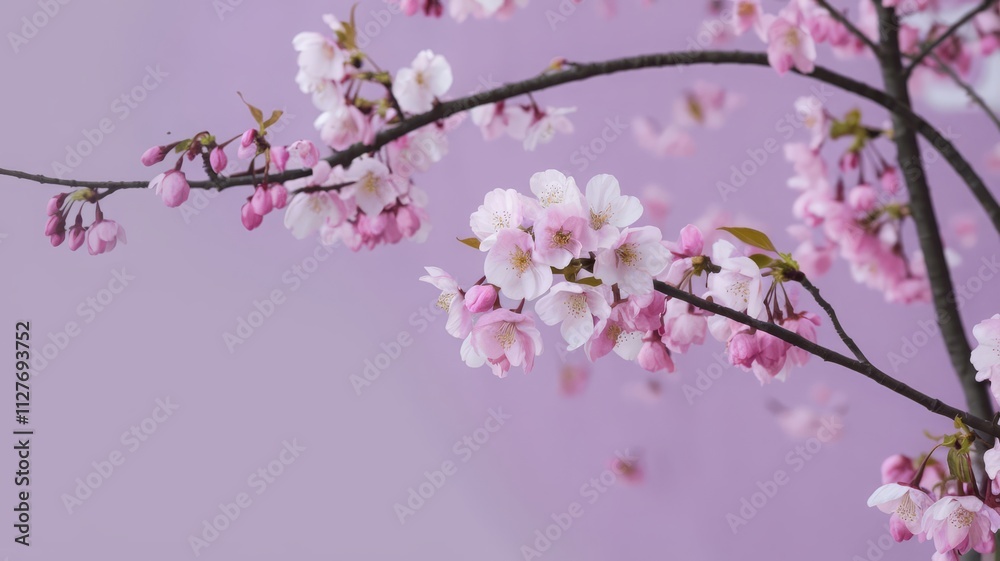 Stunning Cherry Blossom Branch with Pink Flowers on a Soft Purple Background. A beautiful branch of cherry blossoms, showcasing delicate pink and white flowers against a soft purple backdrop... Stunning Cherry Blossom Branch with Pink Flowers on a Soft Purple Background. A beautiful branch of cherry blossoms, showcasing delicate pink and white flowers against a soft purple backdrop...