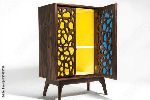 A modern cabinet with an artistic design featuring vibrant colors and unique cutouts. photo