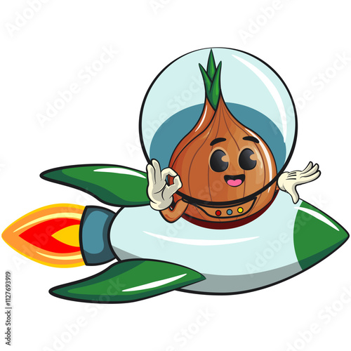 cute onion character riding a space rocket, cartoon vector illustration, work of hand drawn