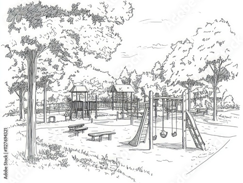 Wallpaper Mural Sketch of playground with trees and play equipment. Torontodigital.ca