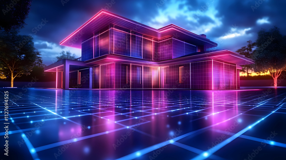 Futuristic Smart Home Design: Neon Lights & Grids Shine Brightly at Night Futuristic Smart Home Design: Neon Lights & Grids Shine Brightly at Night