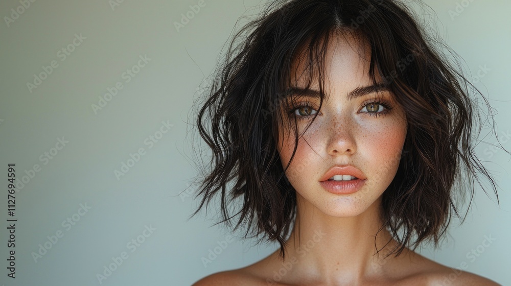 woman displays stylish textured bob haircut characterized choppy layers and tousled waves. Her bold makeup enhances vibrant and energetic vibe white background. woman displays stylish textured bob haircut characterized choppy layers and tousled waves. Her bold makeup enhances vibrant and energetic vibe white background.